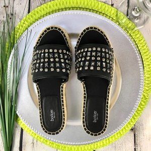 New Botkier Julie Black Leather & Rhinestone Espadrille Slide Sandal